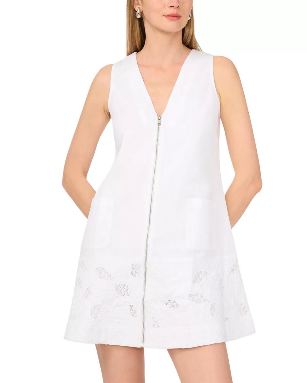 1.STATE V Neck Embroidered Mini Dress White Size S 2430